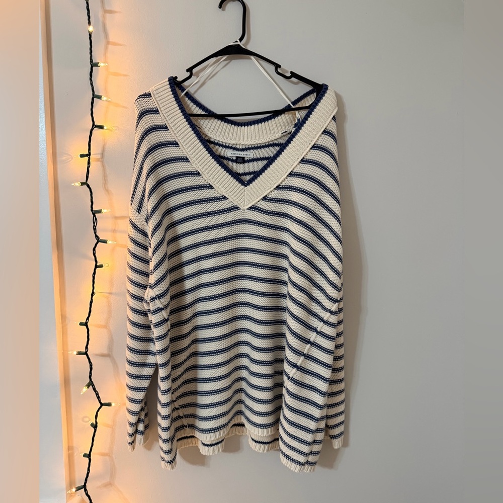 American Eagle Outfitters Navy and Cream V-Neck Sweater